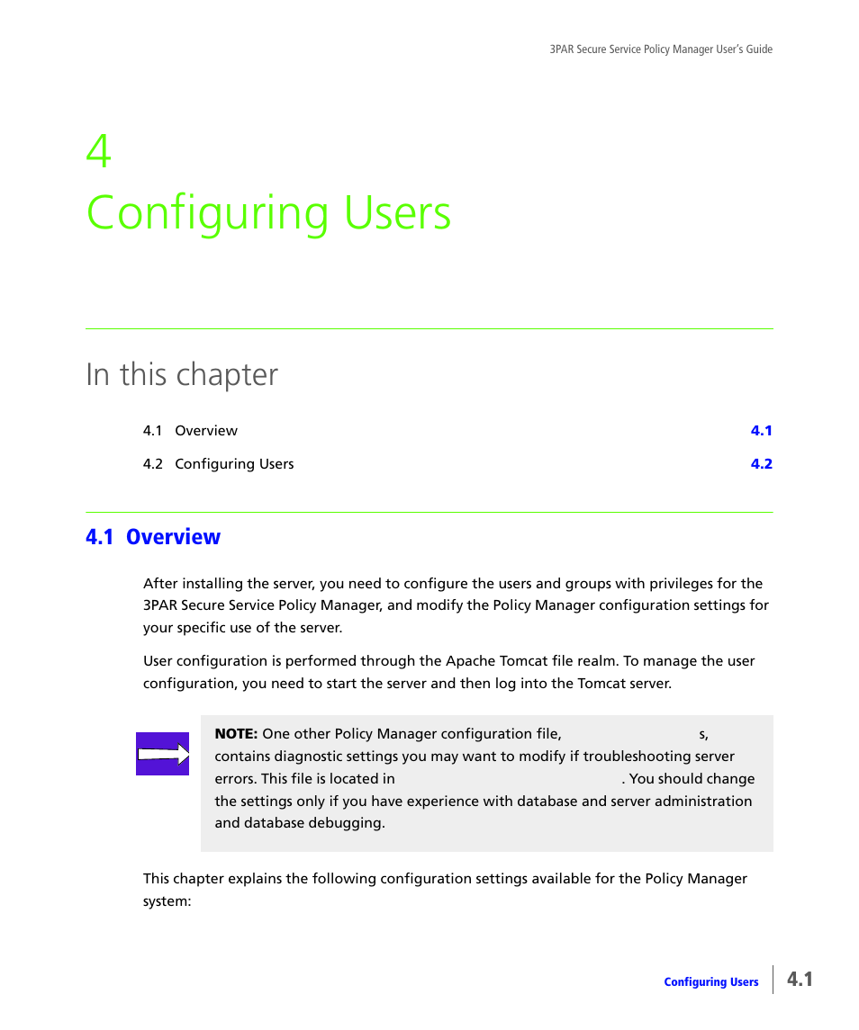 Configuring users, 1 overview, Overview | Chapter 4, configuring users, 4 configuring users | HP 3PAR Service Processors User Manual | Page 21 / 78