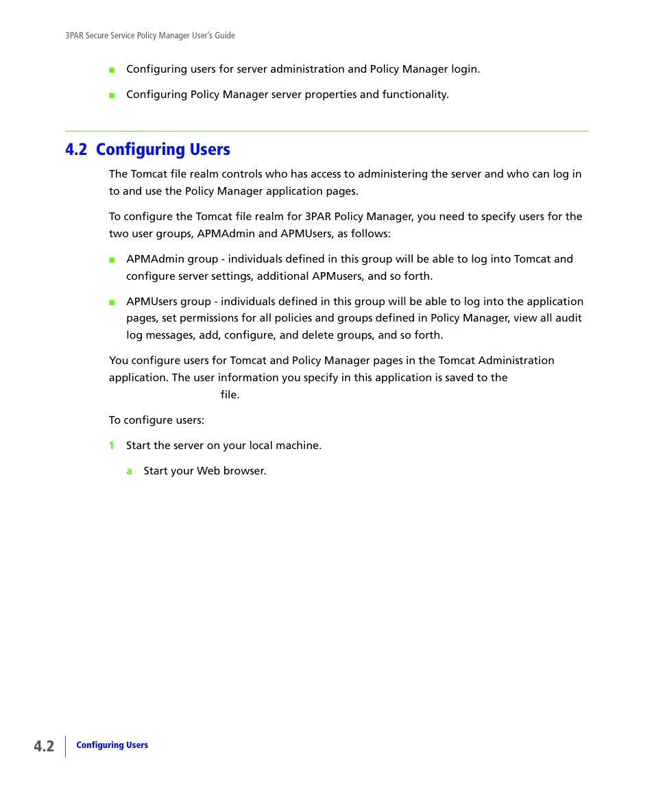 2 configuring users, Configuring users | HP 3PAR Service Processors User Manual | Page 22 / 78