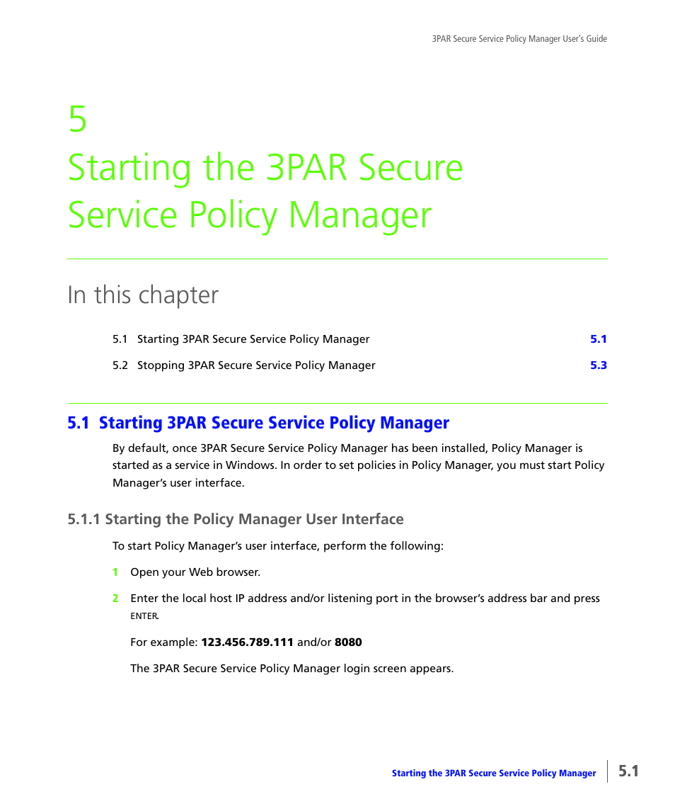 Starting the 3par secure service policy manager, 1 starting 3par secure service policy manager, 1 starting the policy manager user interface | Starting 3par secure service policy manager, Starting the policy manager user interface, 5 starting the 3par secure service policy manager | HP 3PAR Service Processors User Manual | Page 27 / 78