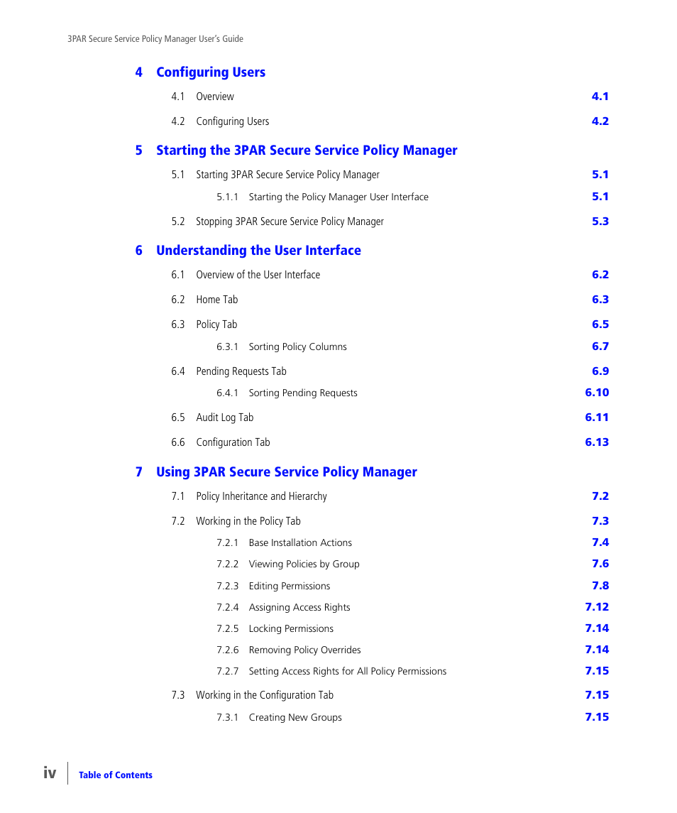 4configuring users, 5starting the 3par secure service policy manager, 6understanding the user interface | 7using 3par secure service policy manager | HP 3PAR Service Processors User Manual | Page 4 / 78