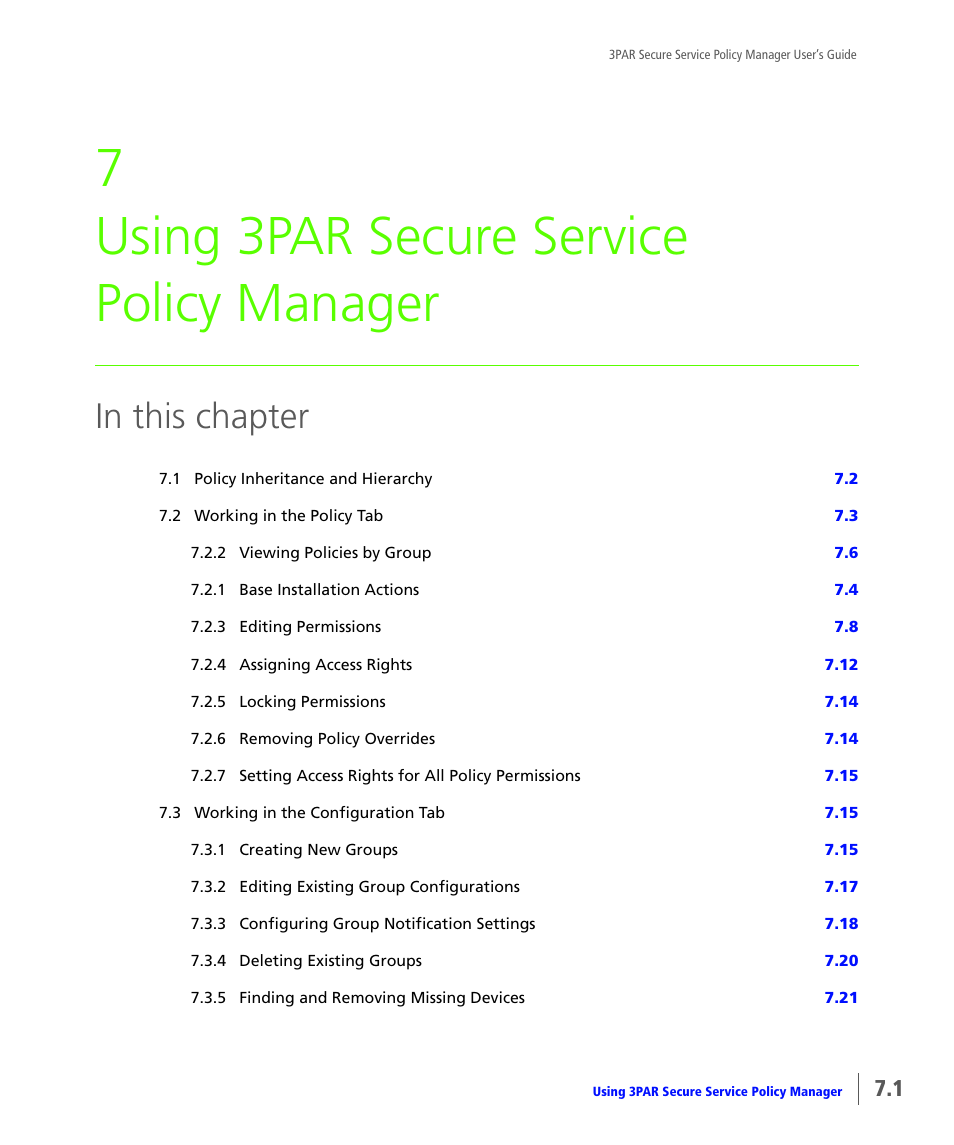 Using 3par secure service policy manager, Chapter 7, using 3par secure service policy, Manager | 7 using 3par secure service policy manager | HP 3PAR Service Processors User Manual | Page 45 / 78