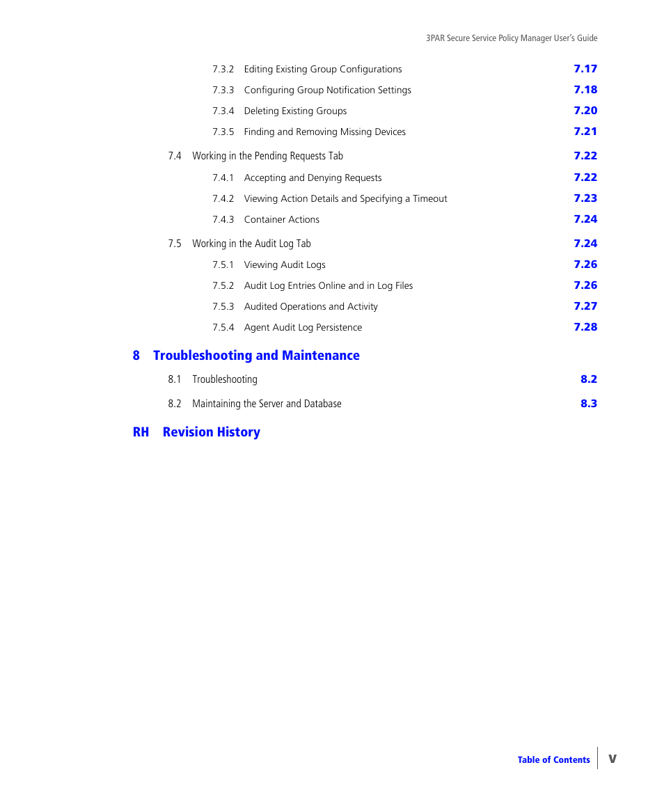 8troubleshooting and maintenance, Rh revision history | HP 3PAR Service Processors User Manual | Page 5 / 78