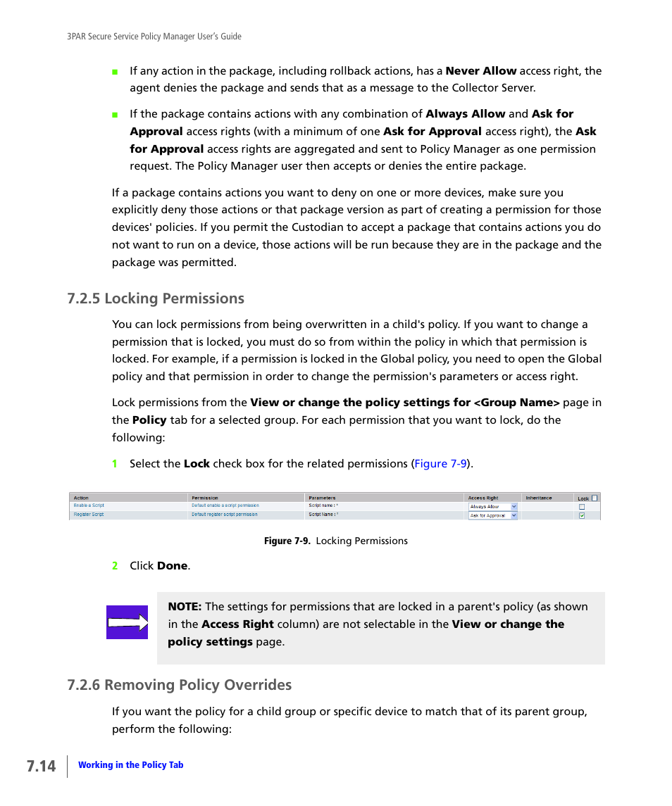 5 locking permissions, 6 removing policy overrides, Locking permissions | Removing policy overrides | HP 3PAR Service Processors User Manual | Page 58 / 78