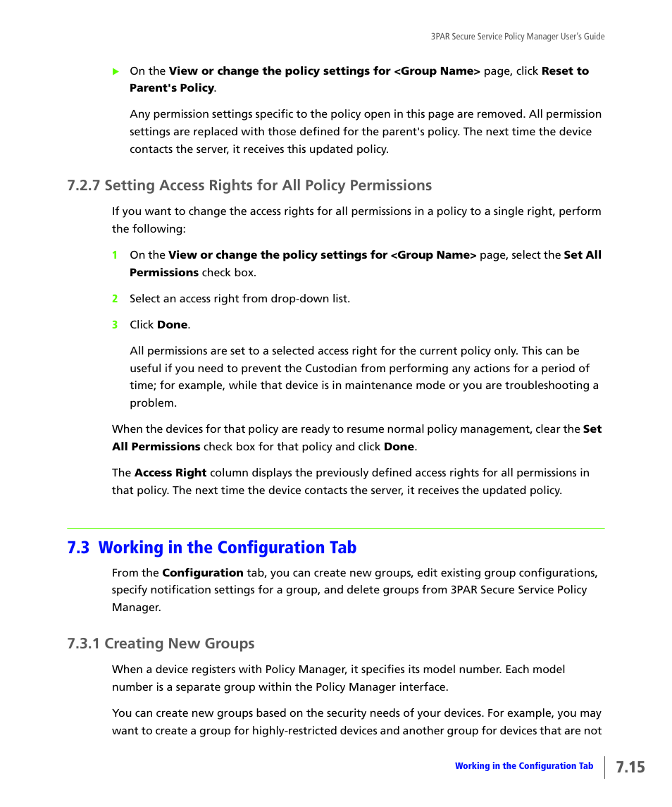 7 setting access rights for all policy permissions, 3 working in the configuration tab, 1 creating new groups | Setting access rights for all policy permissions, Working in the configuration tab, Creating new groups | HP 3PAR Service Processors User Manual | Page 59 / 78