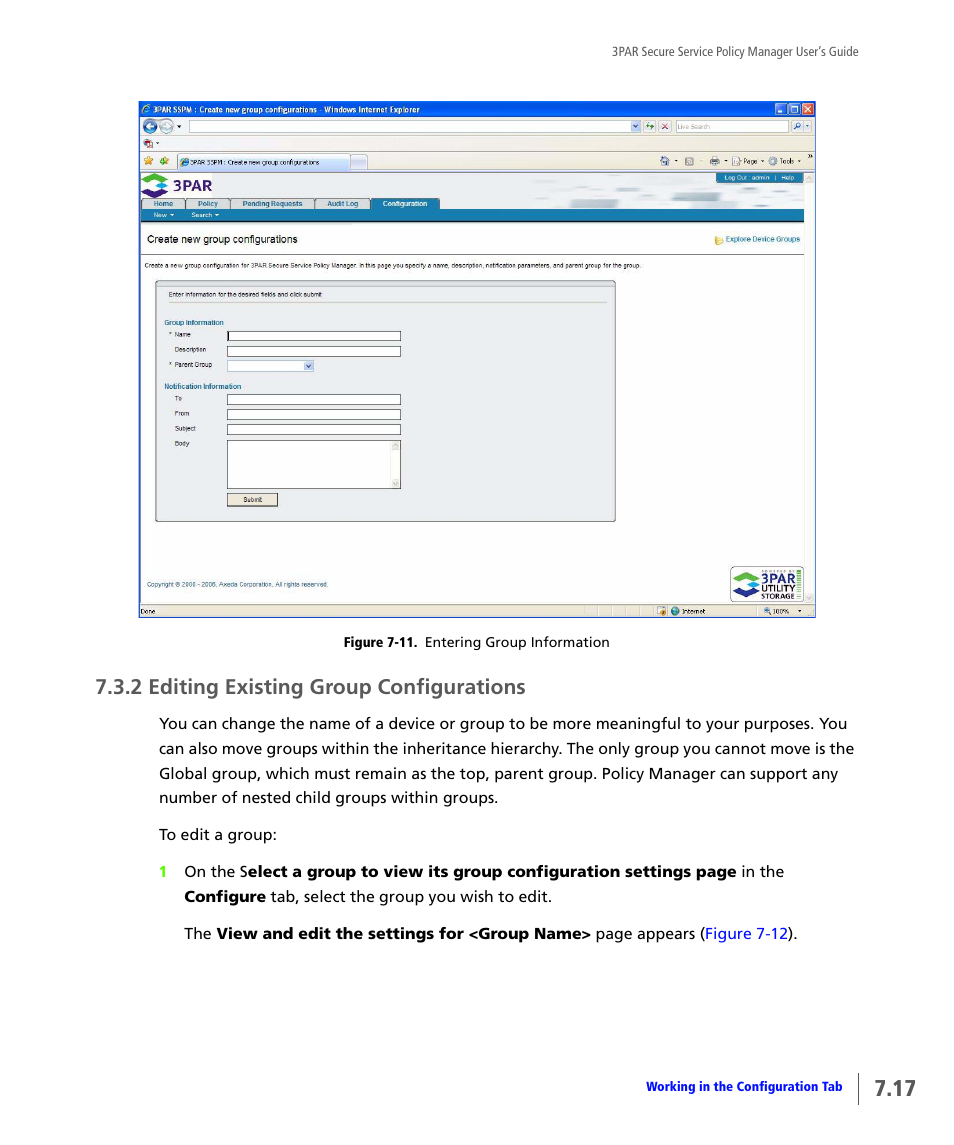 2 editing existing group configurations, Editing existing group configurations | HP 3PAR Service Processors User Manual | Page 61 / 78