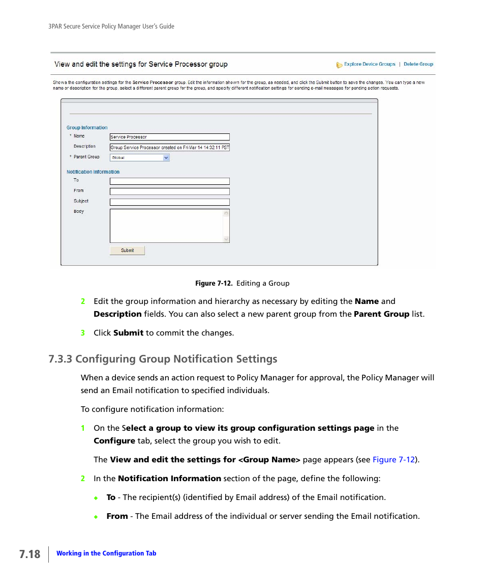 3 configuring group notification settings, Configuring group notification settings | HP 3PAR Service Processors User Manual | Page 62 / 78
