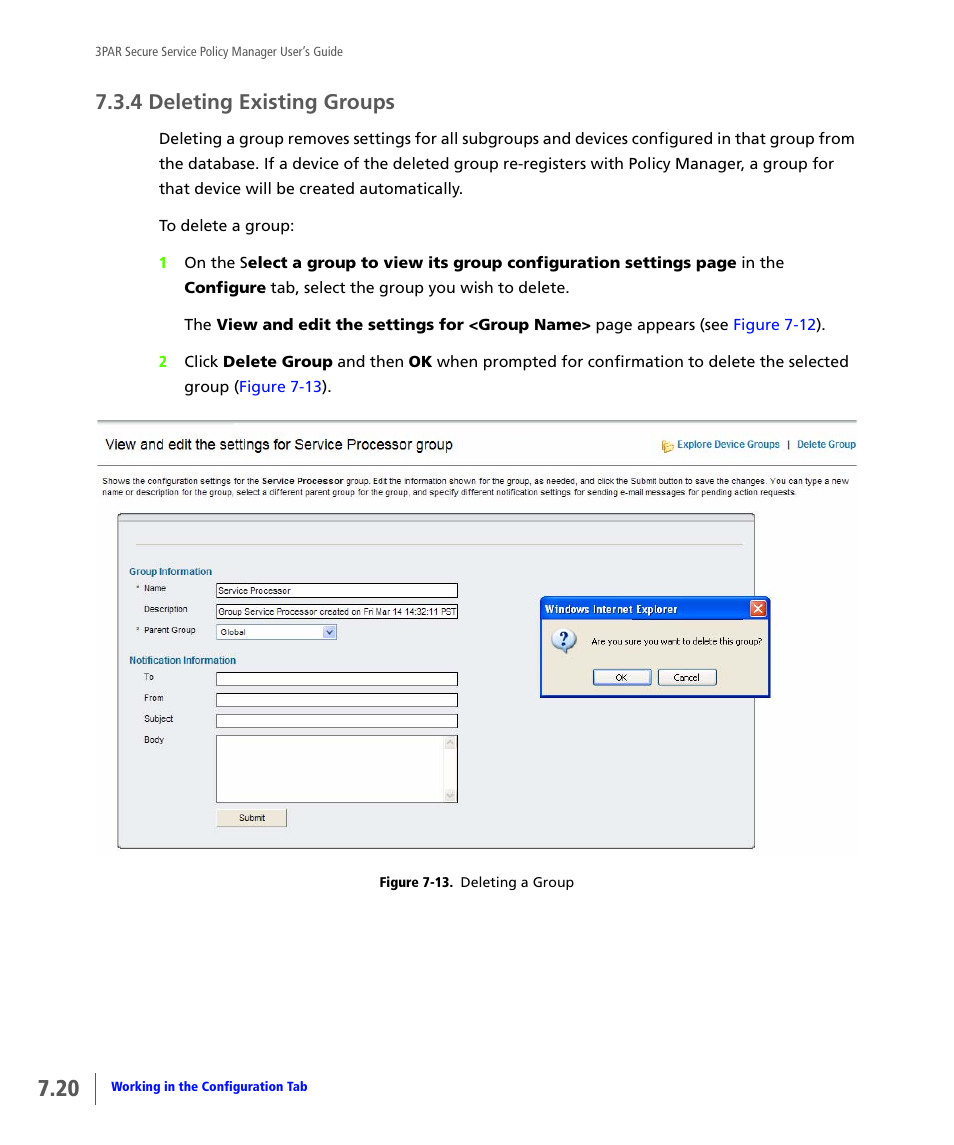 4 deleting existing groups, Deleting existing groups | HP 3PAR Service Processors User Manual | Page 64 / 78