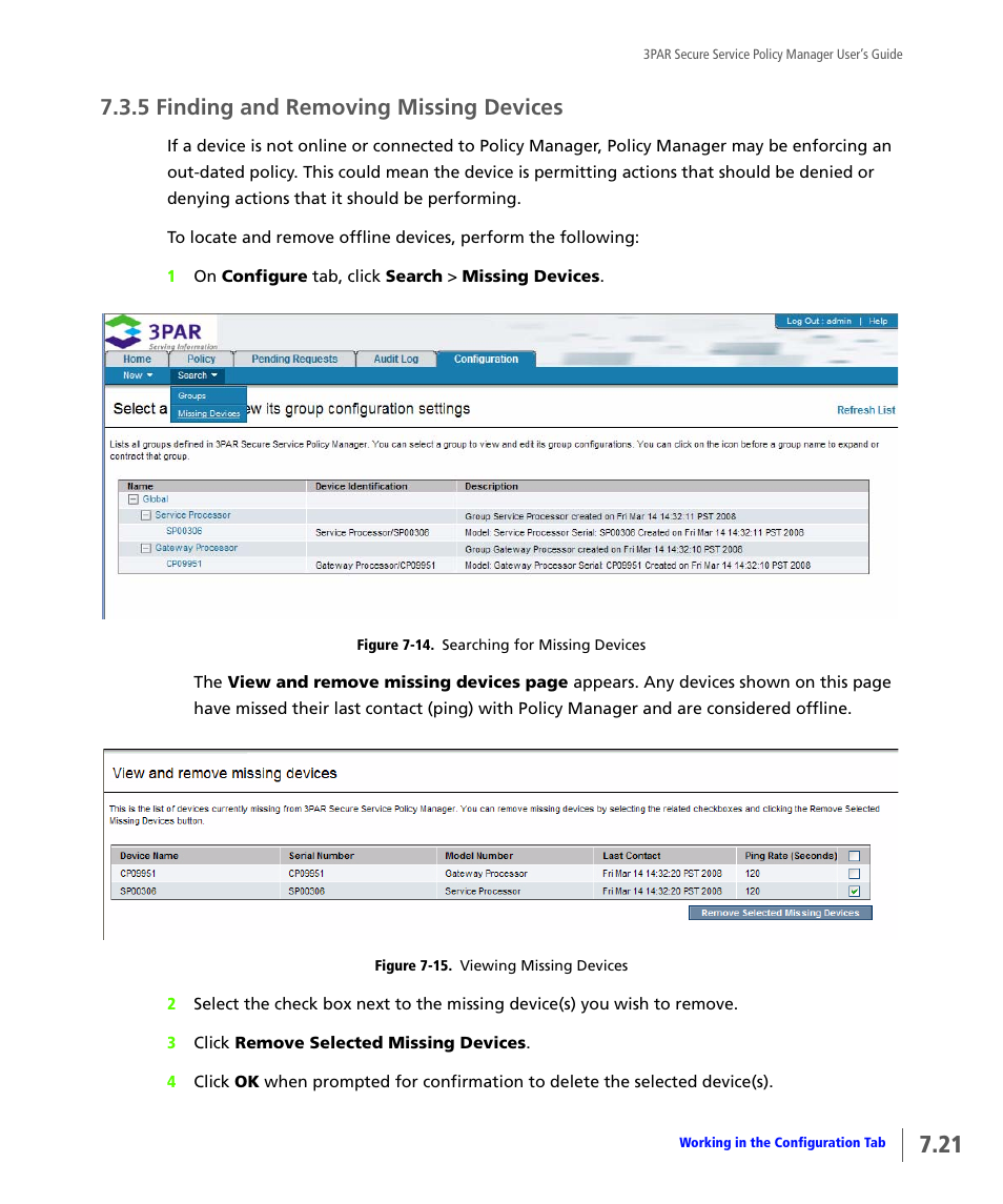 5 finding and removing missing devices, Finding and removing missing devices | HP 3PAR Service Processors User Manual | Page 65 / 78