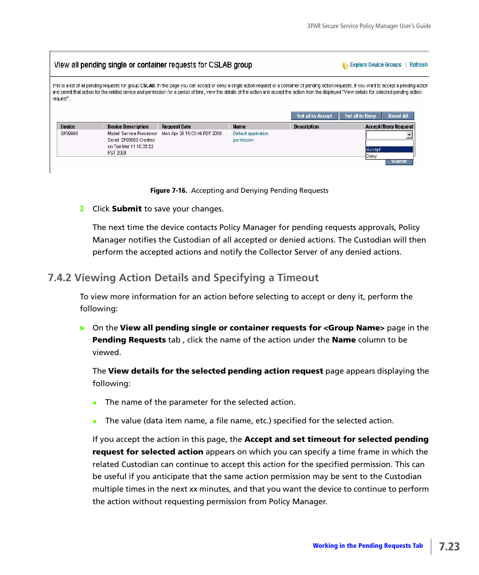 2 viewing action details and specifying a timeout, Viewing action details and specifying a timeout | HP 3PAR Service Processors User Manual | Page 67 / 78