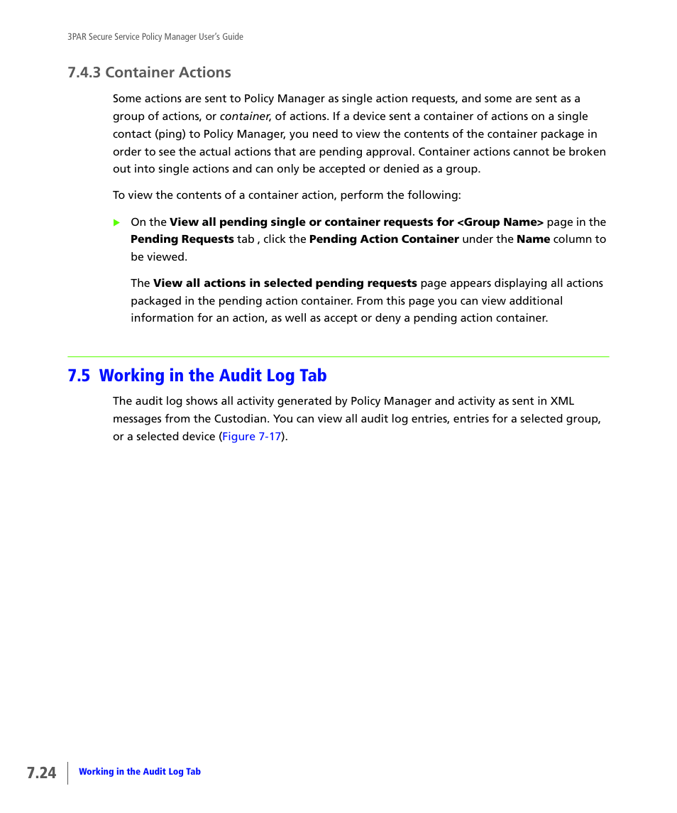 3 container actions, 5 working in the audit log tab, Container actions | Working in the audit log tab | HP 3PAR Service Processors User Manual | Page 68 / 78
