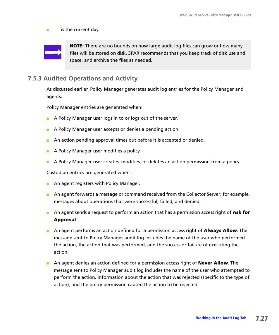 3 audited operations and activity, Audited operations and activity | HP 3PAR Service Processors User Manual | Page 71 / 78