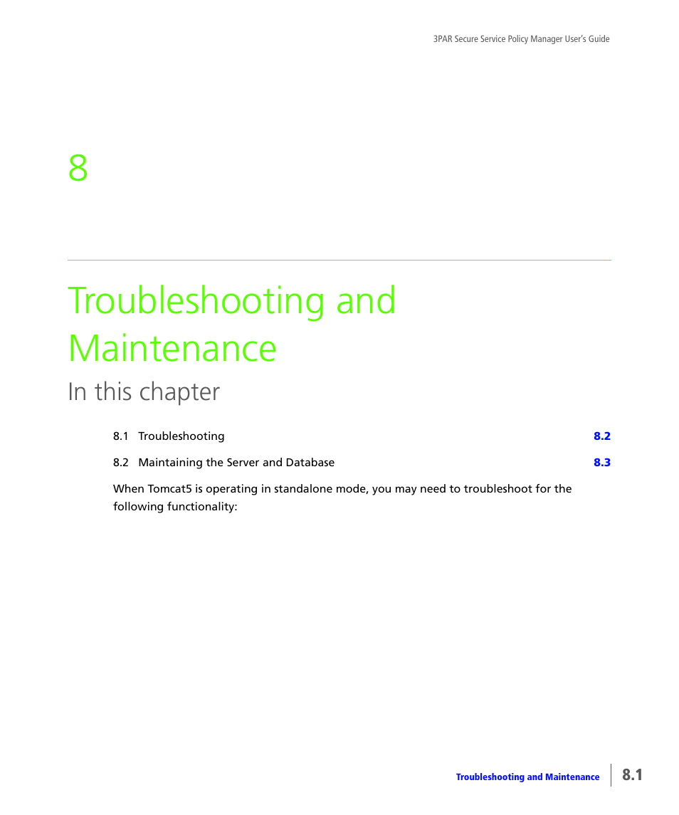 Troubleshooting and maintenance, Chapter 8, troubleshooting and maintenance, 8troubleshooting and maintenance | HP 3PAR Service Processors User Manual | Page 73 / 78