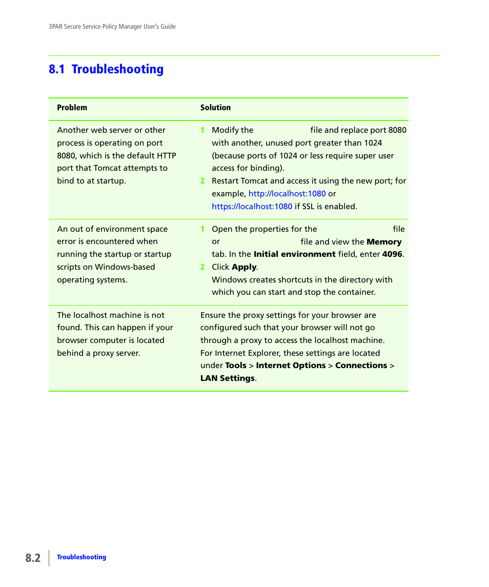 1 troubleshooting, Troubleshooting | HP 3PAR Service Processors User Manual | Page 74 / 78
