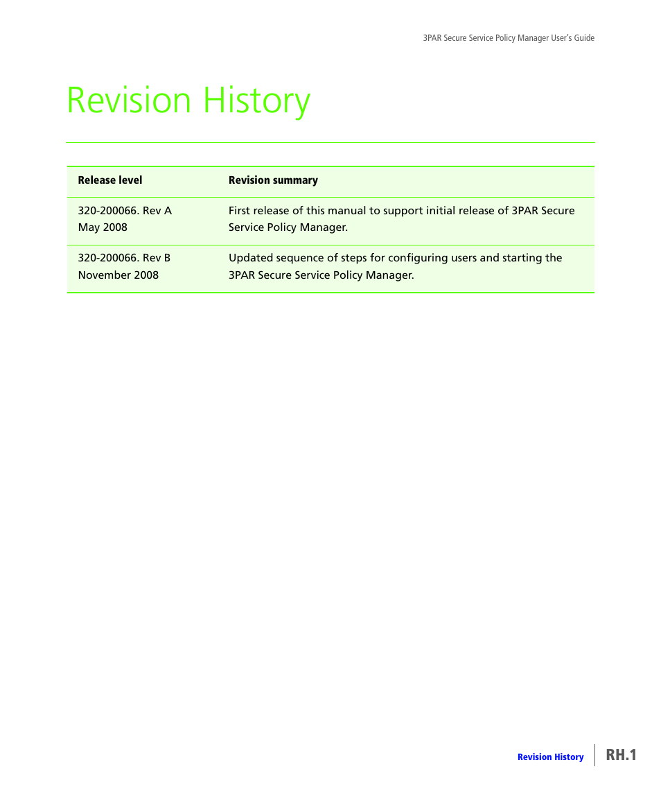 Revision history, Rh.1 | HP 3PAR Service Processors User Manual | Page 77 / 78