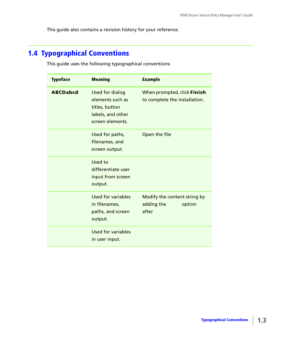 4 typographical conventions, Typographical conventions | HP 3PAR Service Processors User Manual | Page 9 / 78