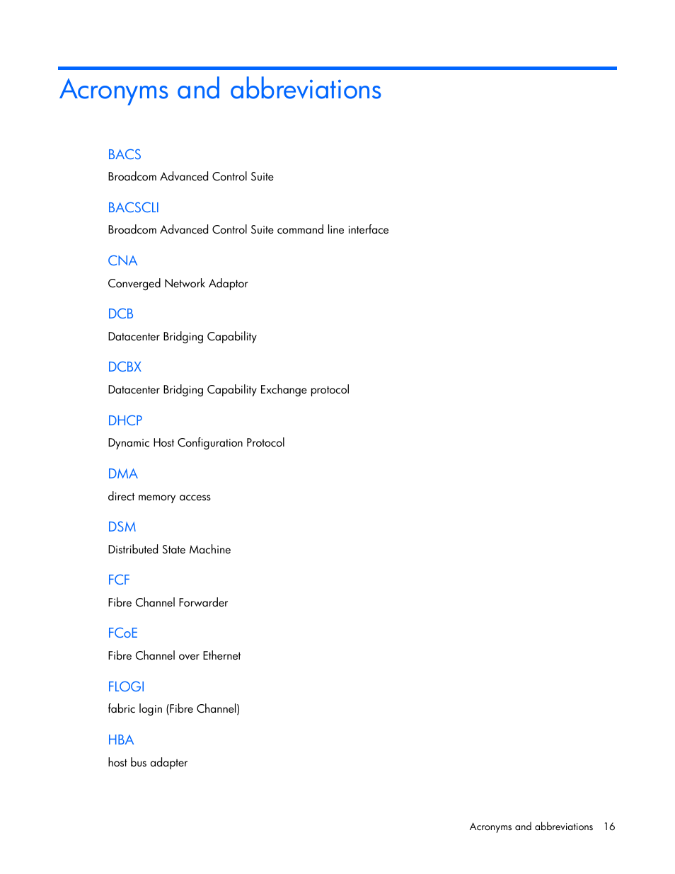 Acronyms and abbreviations | HP StoreFabric Converged Network Adapters User Manual | Page 16 / 20