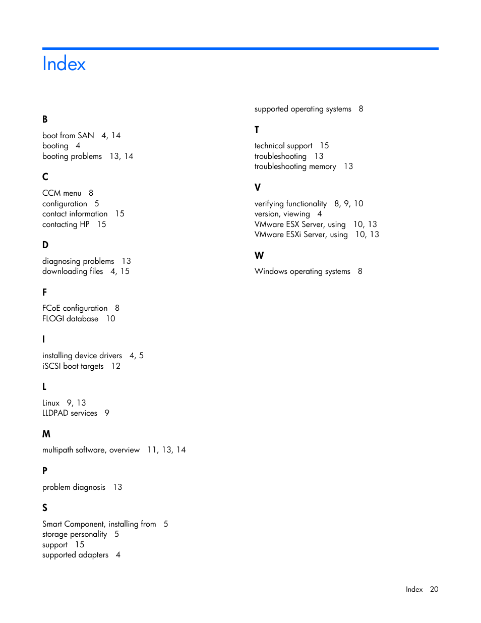 Index | HP StoreFabric Converged Network Adapters User Manual | Page 20 / 20