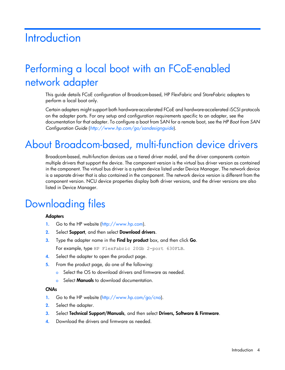 Introduction, Downloading files | HP StoreFabric Converged Network Adapters User Manual | Page 4 / 20