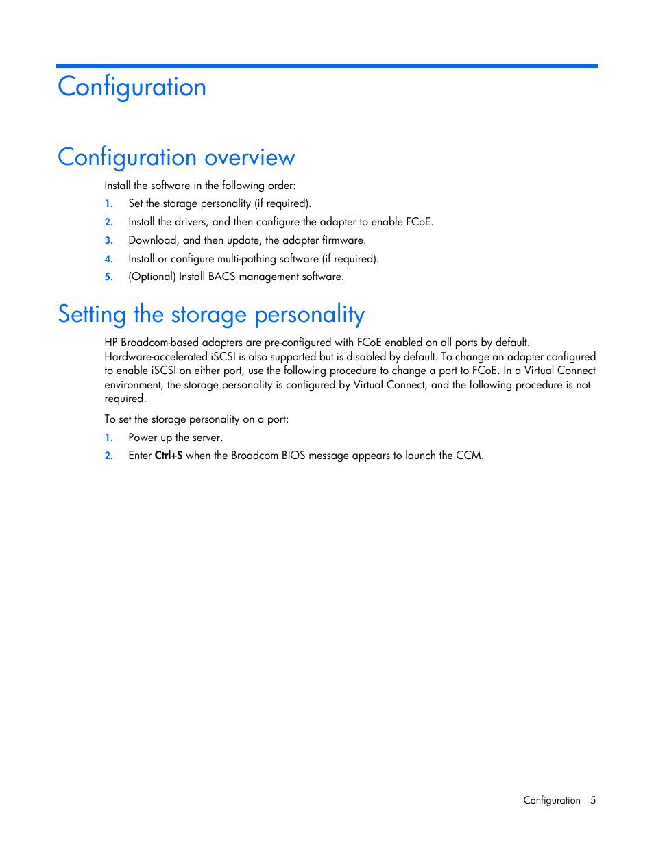 Configuration, Configuration overview, Setting the storage personality | HP StoreFabric Converged Network Adapters User Manual | Page 5 / 20