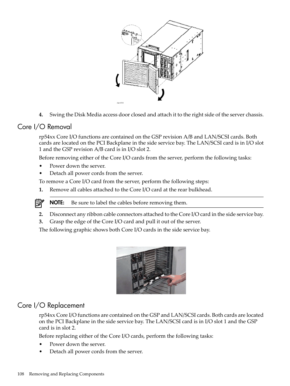 Core i/o removal, Core i/o replacement, Core i/o removal core i/o replacement | HP 9000 rp5400 Servers User Manual | Page 108 / 163