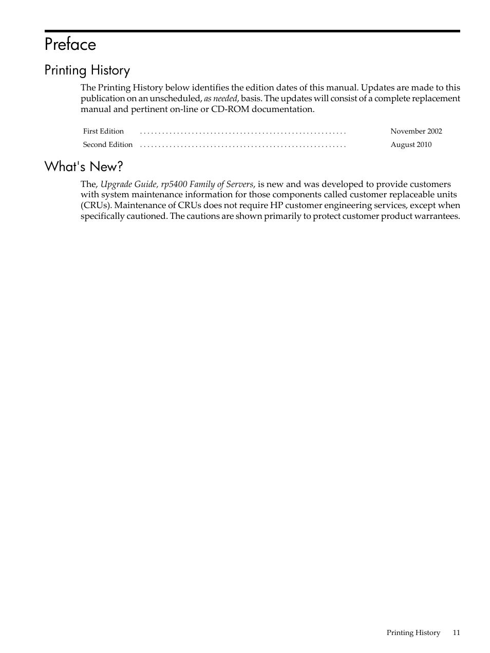 Preface, Printing history, What's new | Printing history what's new | HP 9000 rp5400 Servers User Manual | Page 11 / 163