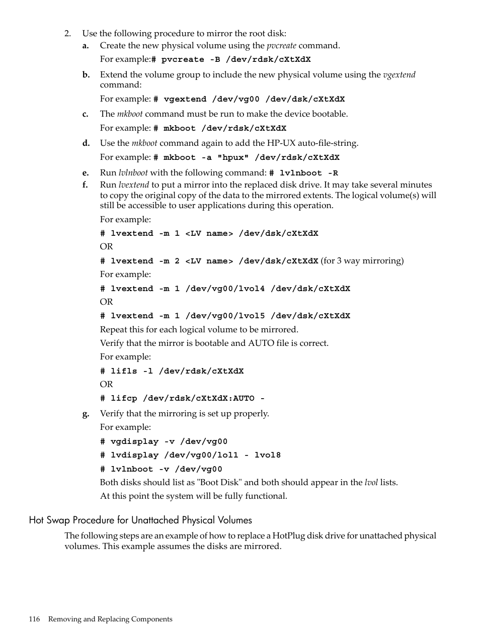 Hot swap procedure for unattached physical volumes | HP 9000 rp5400 Servers User Manual | Page 116 / 163