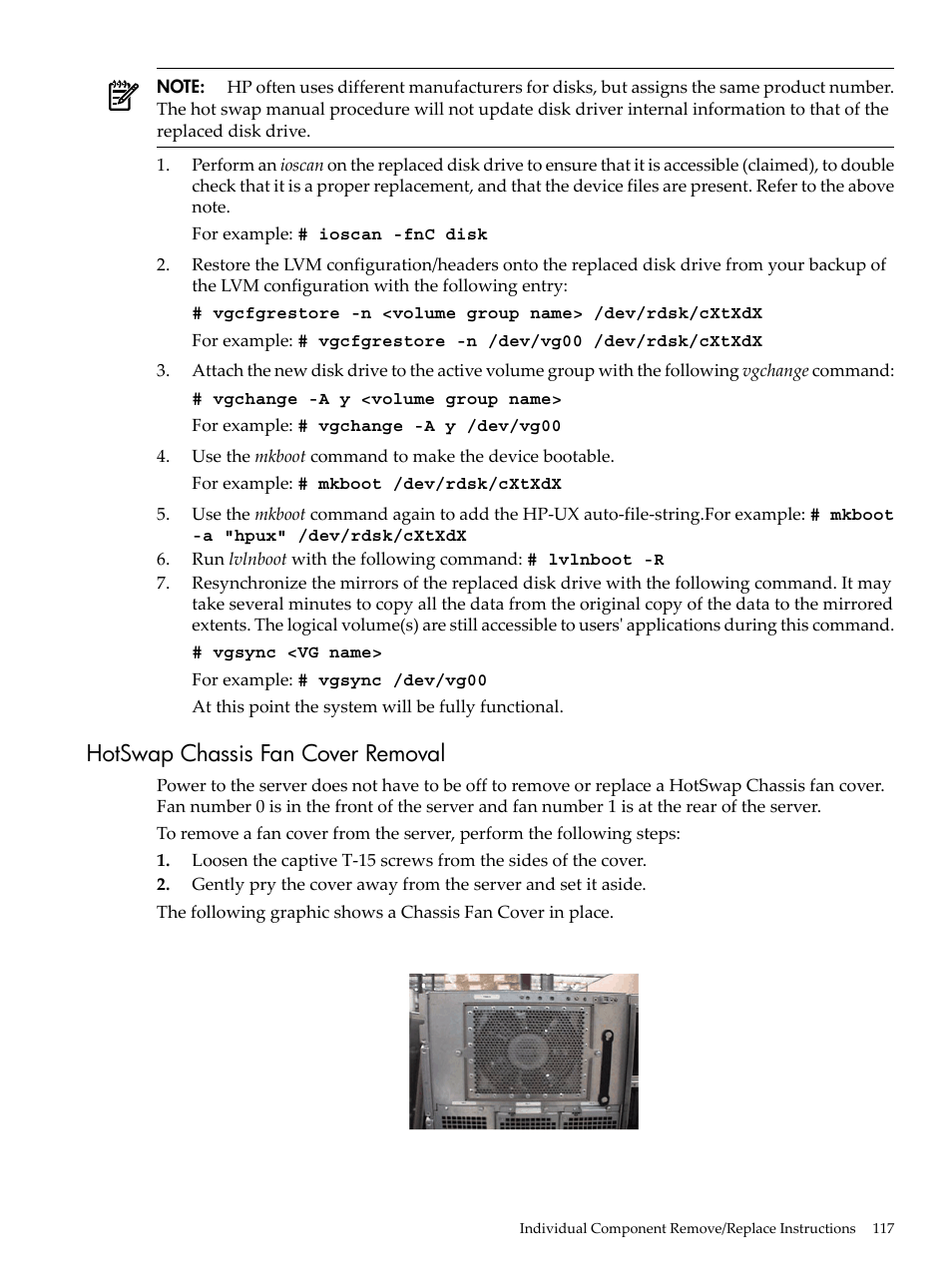 Hotswap chassis fan cover removal | HP 9000 rp5400 Servers User Manual | Page 117 / 163