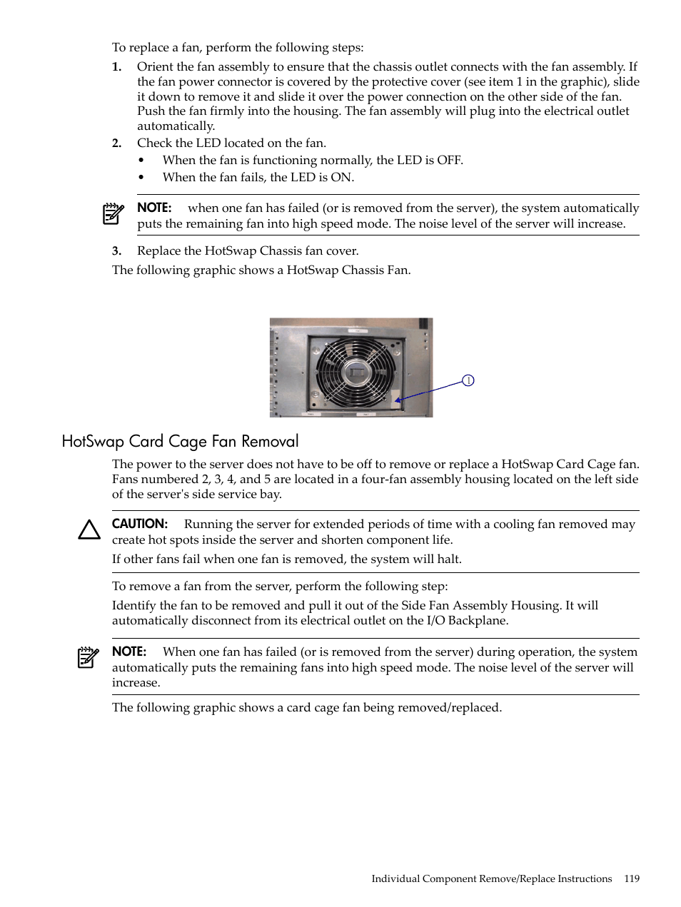 Hotswap card cage fan removal | HP 9000 rp5400 Servers User Manual | Page 119 / 163