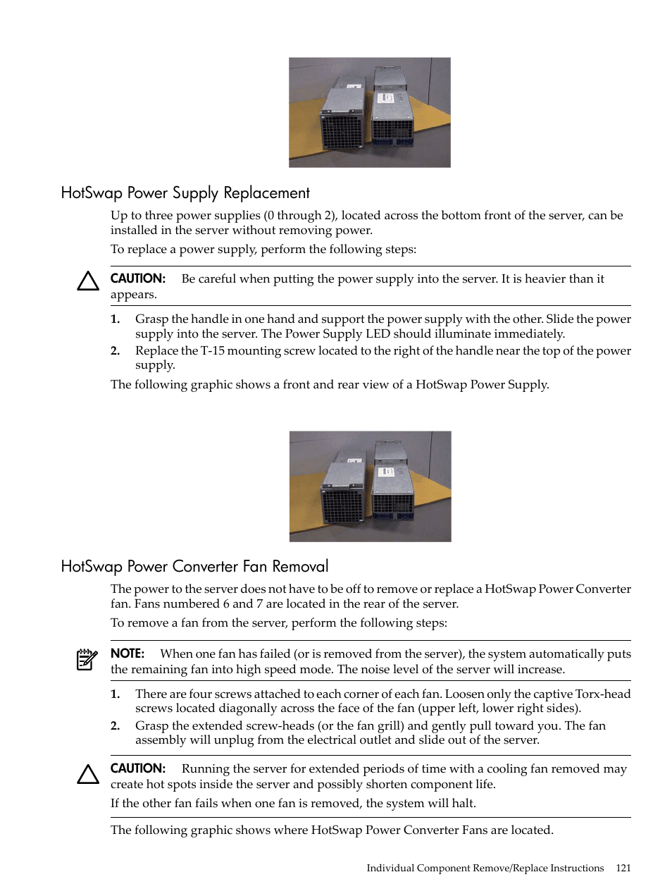 Hotswap power supply replacement, Hotswap power converter fan removal | HP 9000 rp5400 Servers User Manual | Page 121 / 163