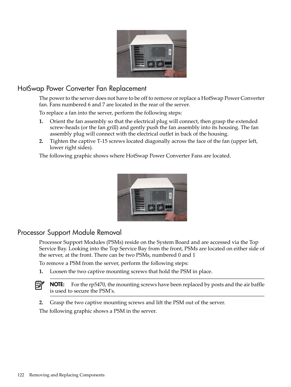 Hotswap power converter fan replacement, Processor support module removal | HP 9000 rp5400 Servers User Manual | Page 122 / 163