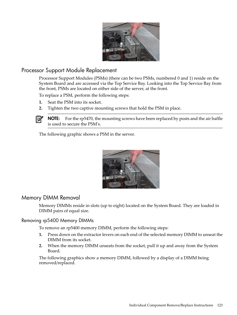 Processor support module replacement, Memory dimm removal, Removing rp5400 memory dimms | HP 9000 rp5400 Servers User Manual | Page 123 / 163