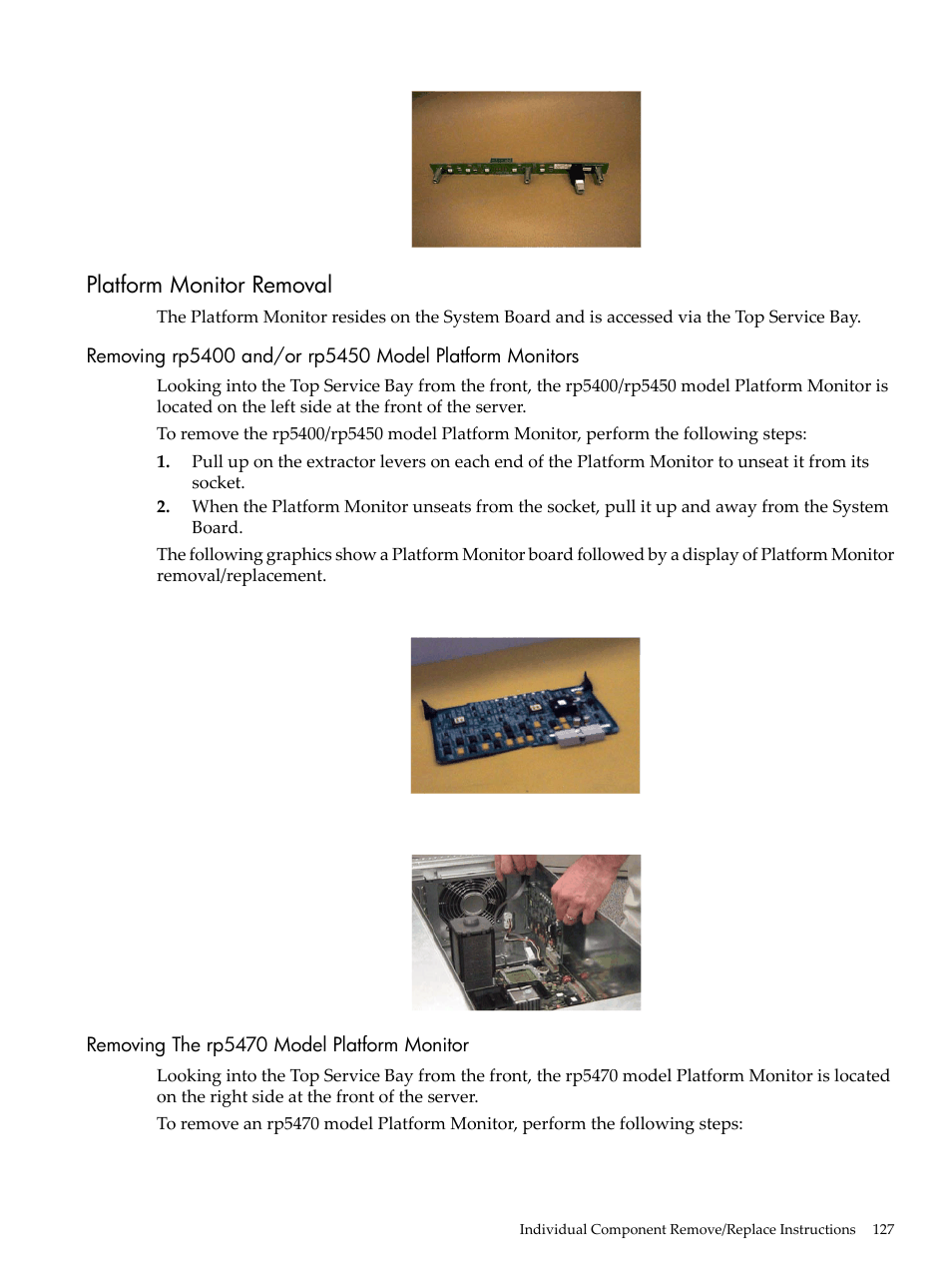 Platform monitor removal, Removing the rp5470 model platform monitor | HP 9000 rp5400 Servers User Manual | Page 127 / 163