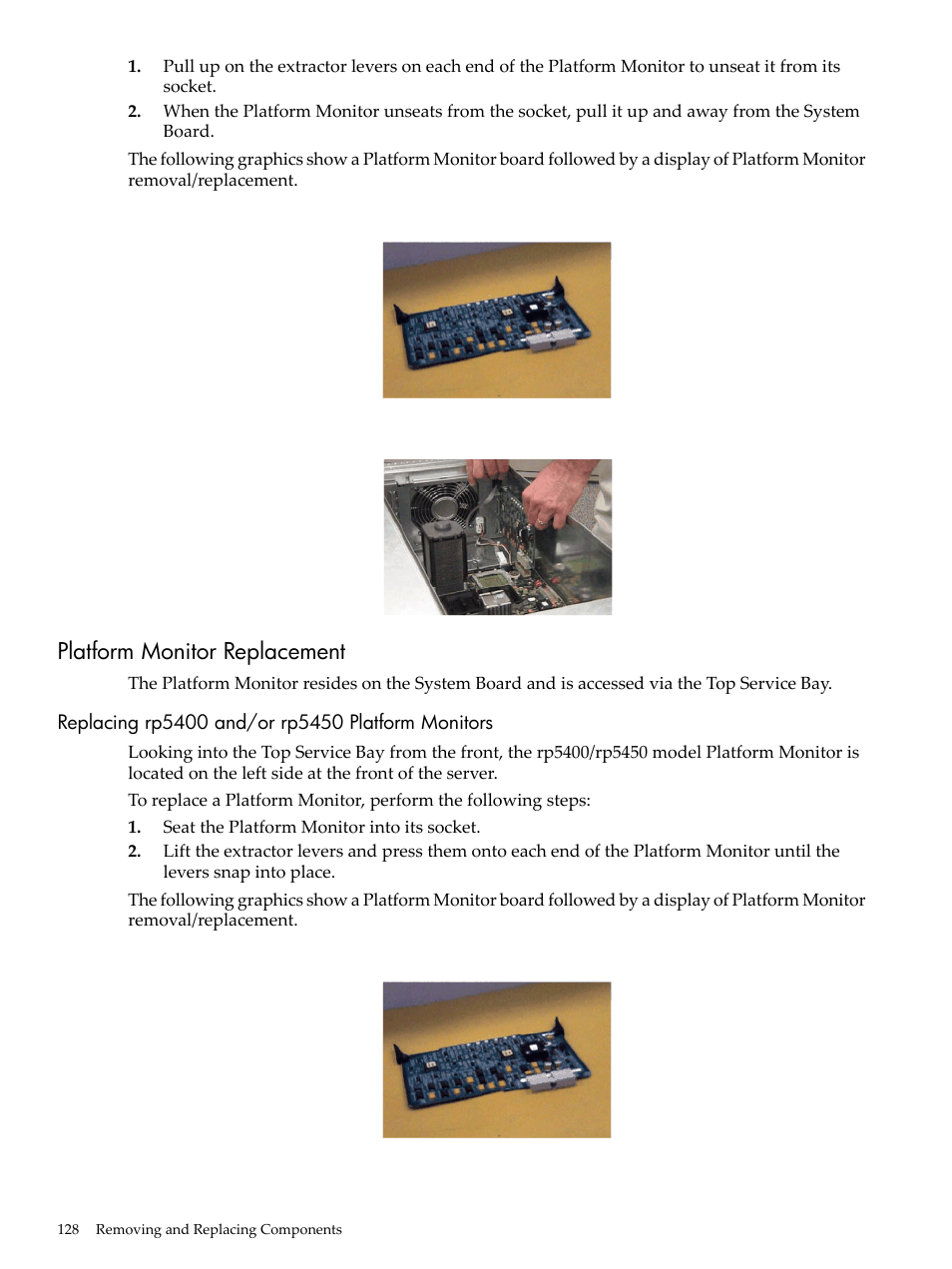 Platform monitor replacement, Replacing rp5400 and/or rp5450 platform monitors | HP 9000 rp5400 Servers User Manual | Page 128 / 163
