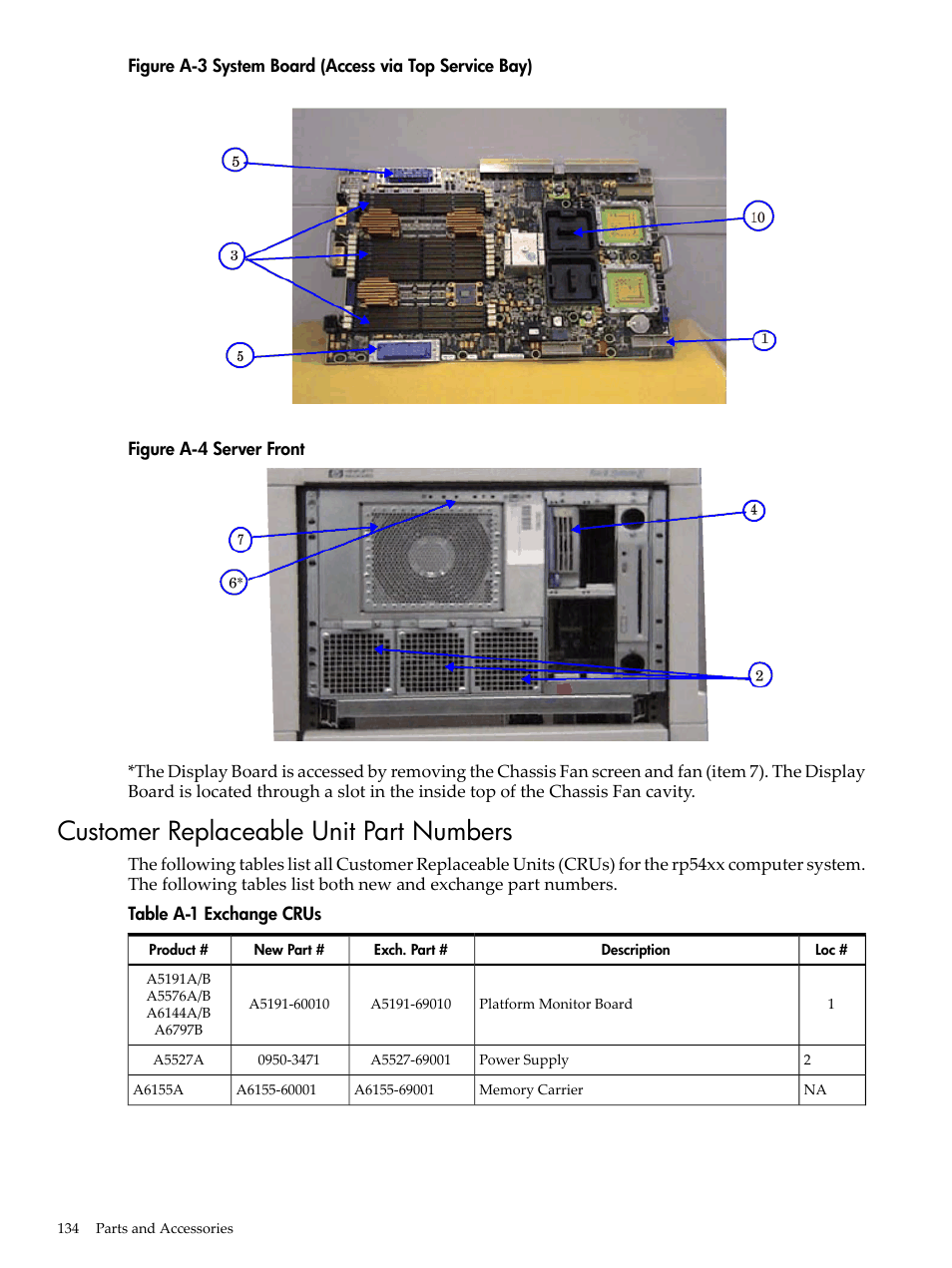 Customer replaceable unit part numbers, System board (access via top service bay), Server front | Exchange crus | HP 9000 rp5400 Servers User Manual | Page 134 / 163