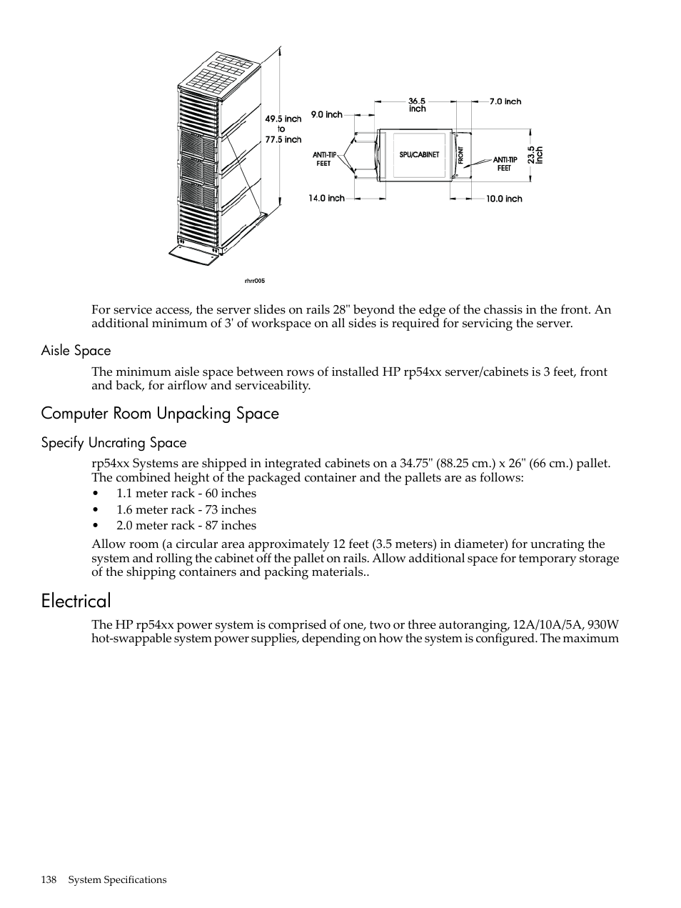 Aisle space, Computer room unpacking space, Specify uncrating space | Electrical | HP 9000 rp5400 Servers User Manual | Page 138 / 163