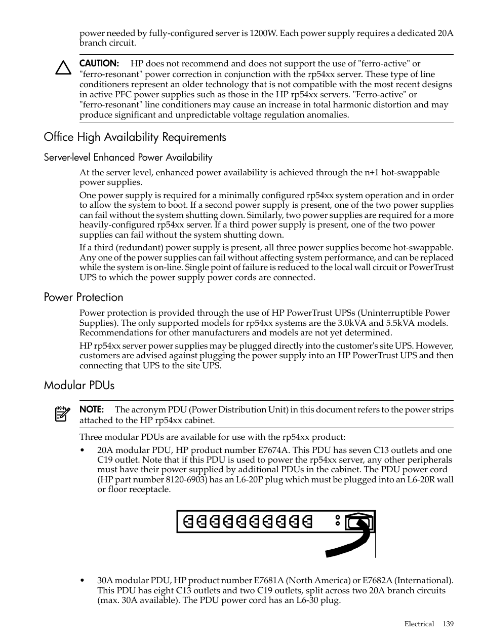 Office high availability requirements, Server-level enhanced power availability, Power protection | Modular pdus, Power protection modular pdus | HP 9000 rp5400 Servers User Manual | Page 139 / 163