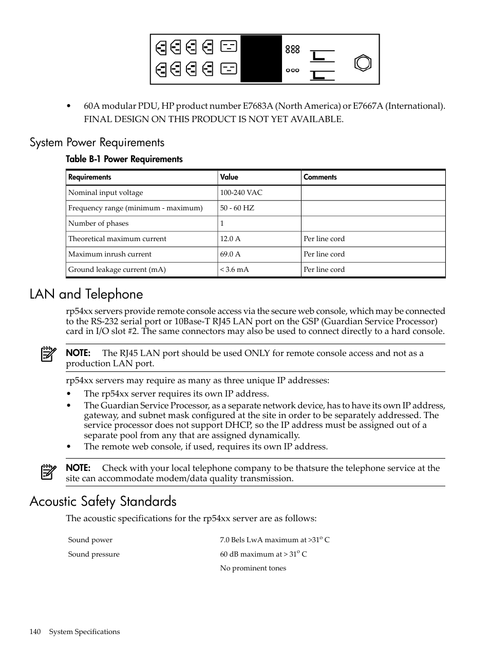 System power requirements, Lan and telephone, Acoustic safety standards | Lan and telephone acoustic safety standards, Power requirements | HP 9000 rp5400 Servers User Manual | Page 140 / 163