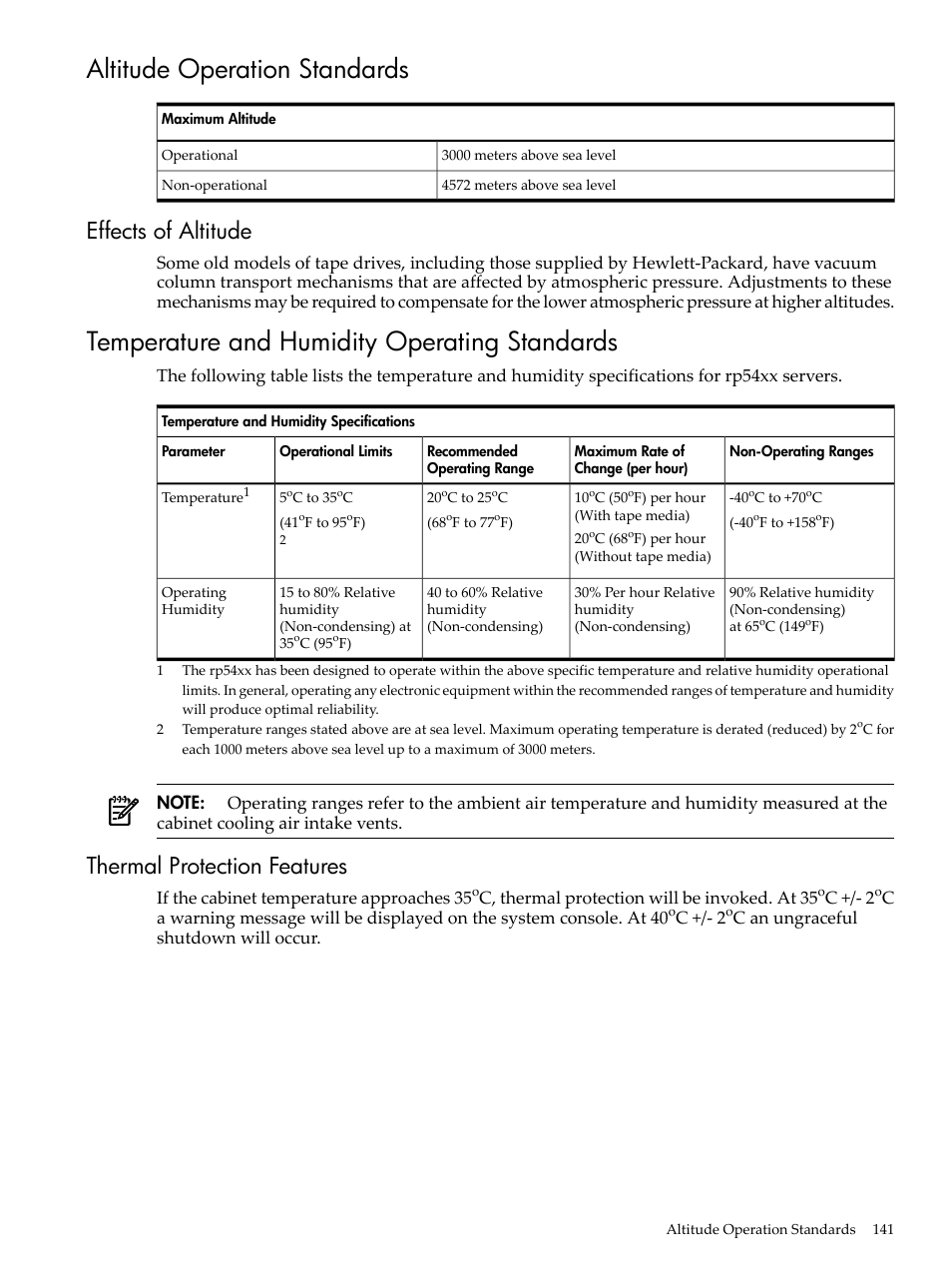 Altitude operation standards, Effects of altitude, Temperature and humidity operating standards | Thermal protection features | HP 9000 rp5400 Servers User Manual | Page 141 / 163