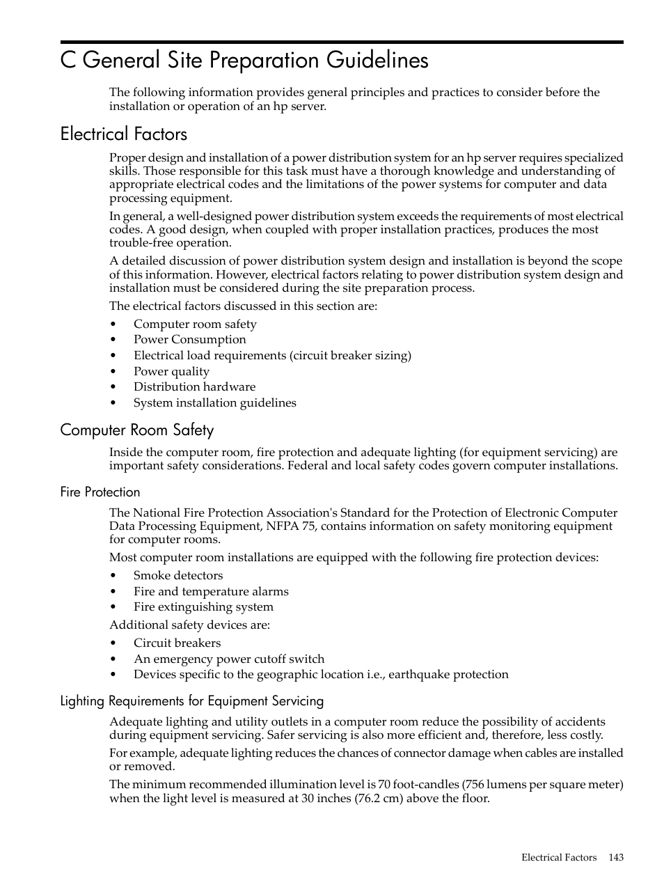 C general site preparation guidelines, Electrical factors, Computer room safety | Fire protection, Lighting requirements for equipment servicing | HP 9000 rp5400 Servers User Manual | Page 143 / 163