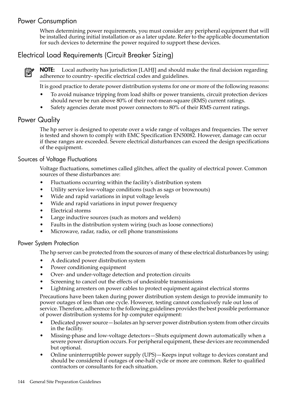 Power consumption, Power quality, Sources of voltage fluctuations | Power system protection | HP 9000 rp5400 Servers User Manual | Page 144 / 163