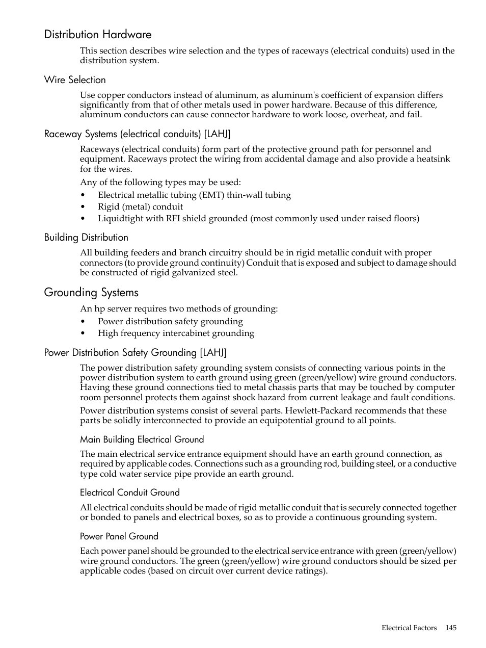 Distribution hardware, Wire selection, Raceway systems (electrical conduits) [lahj | Building distribution, Grounding systems, Power distribution safety grounding [lahj, Main building electrical ground, Electrical conduit ground, Power panel ground | HP 9000 rp5400 Servers User Manual | Page 145 / 163