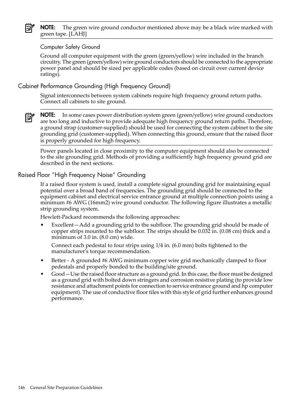 Computer safety ground, Raised floor "high frequency noise" grounding | HP 9000 rp5400 Servers User Manual | Page 146 / 163