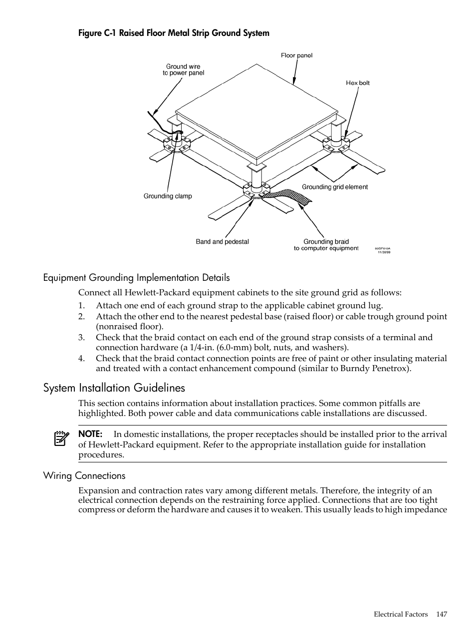 Equipment grounding implementation details, System installation guidelines, Wiring connections | Raised floor metal strip ground system | HP 9000 rp5400 Servers User Manual | Page 147 / 163