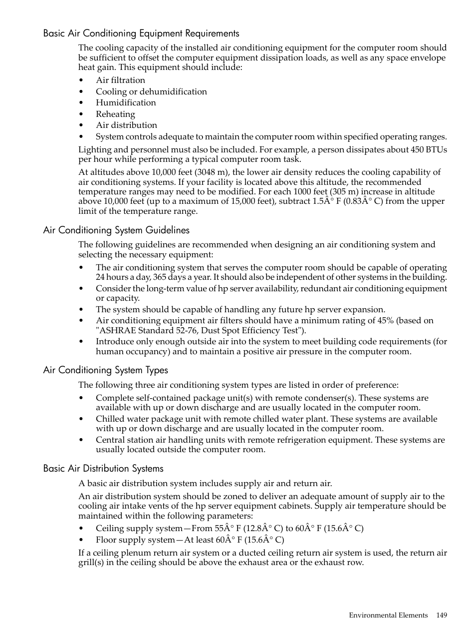 Basic air conditioning equipment requirements, Air conditioning system guidelines, Air conditioning system types | Basic air distribution systems | HP 9000 rp5400 Servers User Manual | Page 149 / 163