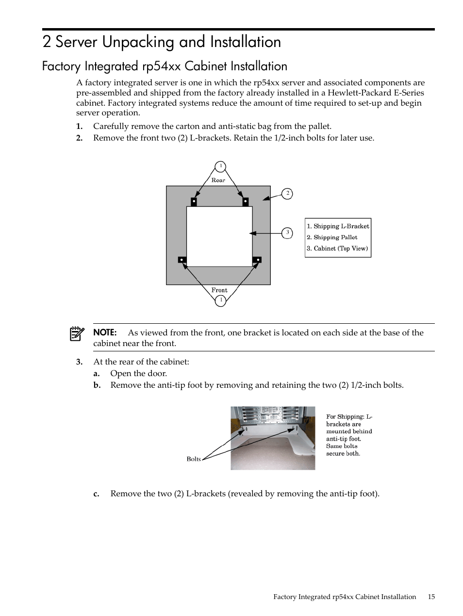 2 server unpacking and installation, Factory integrated rp54xx cabinet installation | HP 9000 rp5400 Servers User Manual | Page 15 / 163