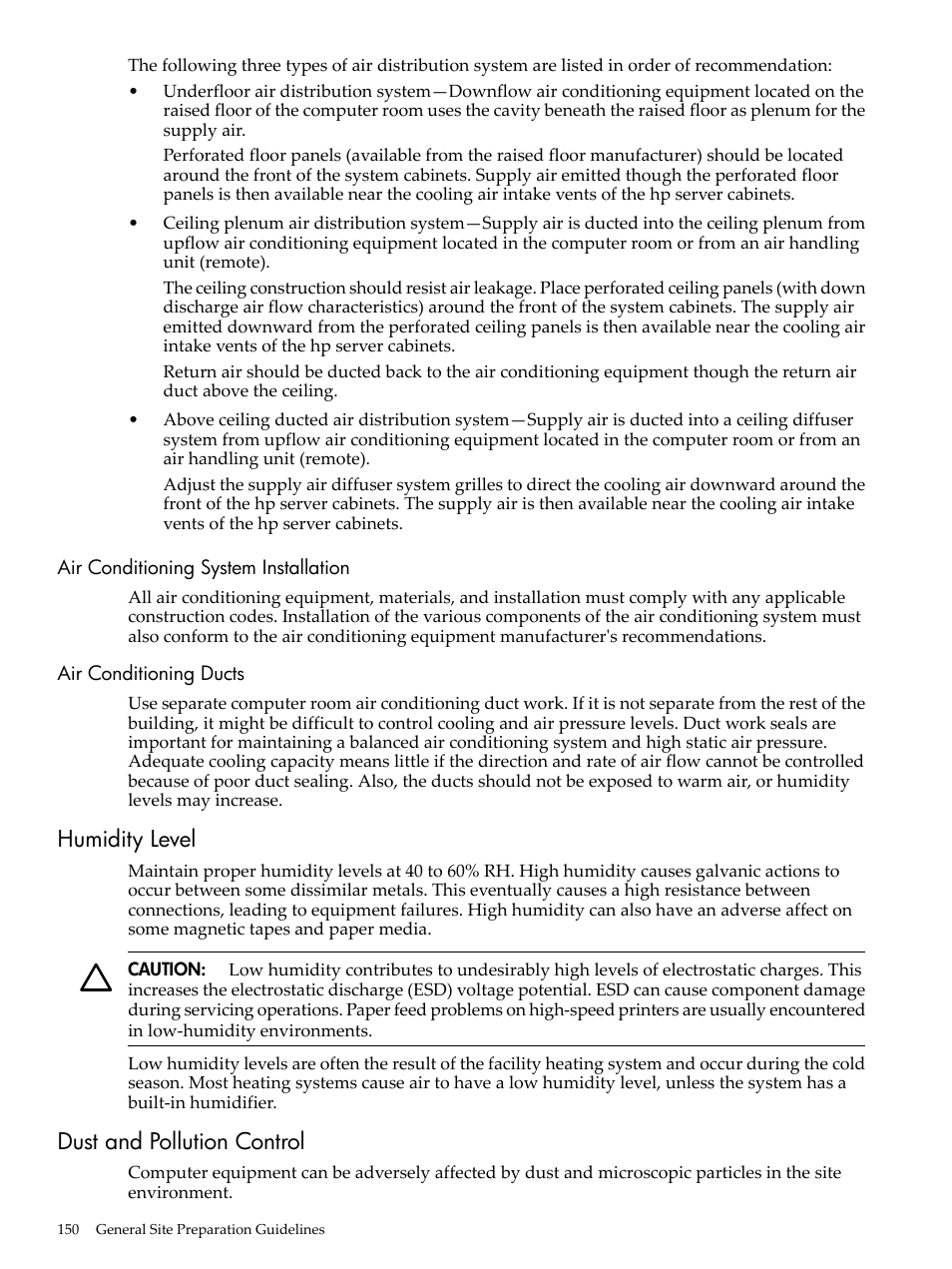 Air conditioning system installation, Air conditioning ducts, Humidity level | Dust and pollution control, Humidity level dust and pollution control | HP 9000 rp5400 Servers User Manual | Page 150 / 163