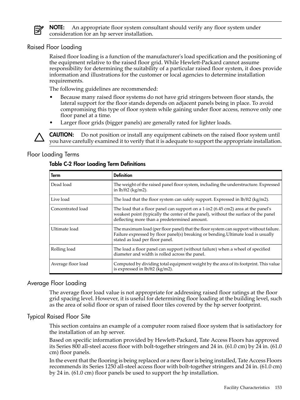 Raised floor loading, Floor loading terms, Average floor loading | Typical raised floor site, Floor loading term definitions | HP 9000 rp5400 Servers User Manual | Page 153 / 163