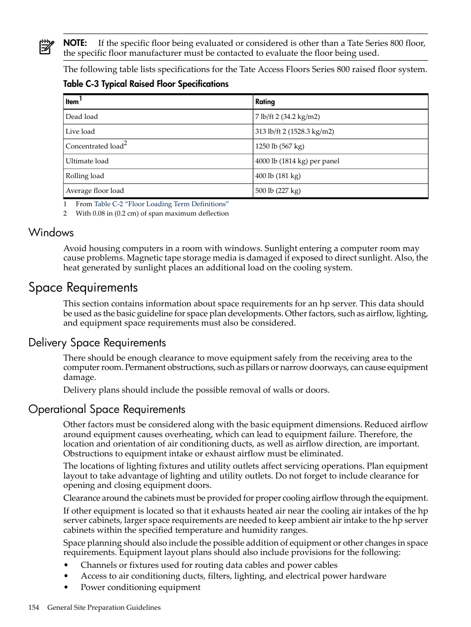 Windows, Space requirements, Delivery space requirements | Operational space requirements, Typical raised floor specifications | HP 9000 rp5400 Servers User Manual | Page 154 / 163