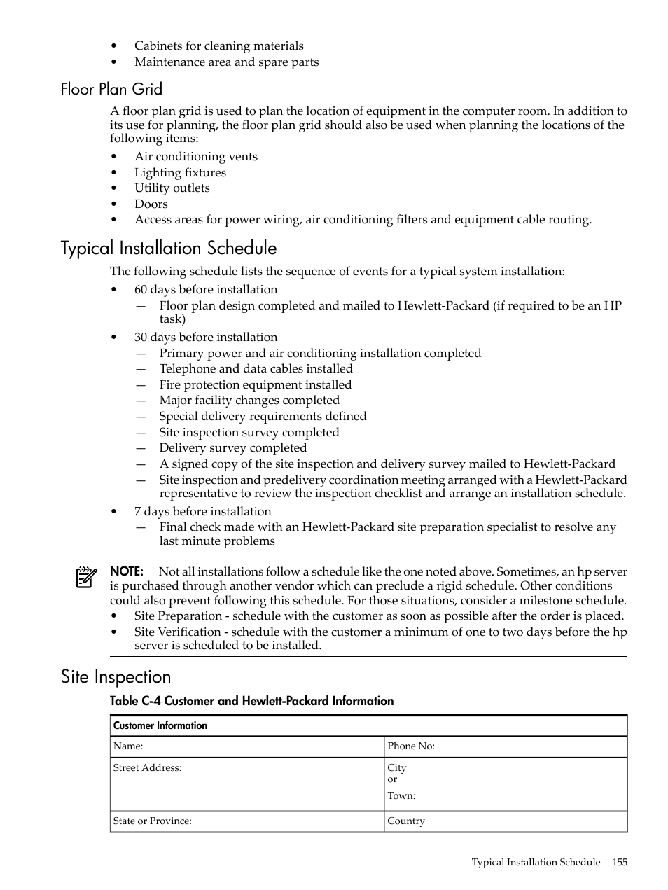 Floor plan grid, Typical installation schedule, Site inspection | Typical installation schedule site inspection, Customer and hewlett-packard information | HP 9000 rp5400 Servers User Manual | Page 155 / 163