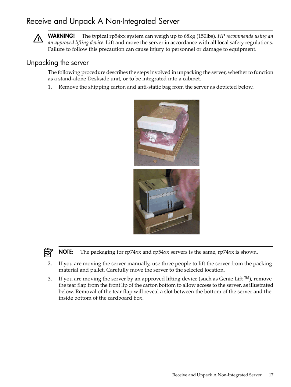 Receive and unpack a non-integrated server, Unpacking the server | HP 9000 rp5400 Servers User Manual | Page 17 / 163